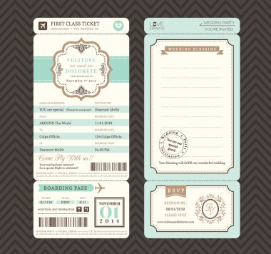 Vintage tarzı Boarding Pass bilet düğün davetiye şablon V