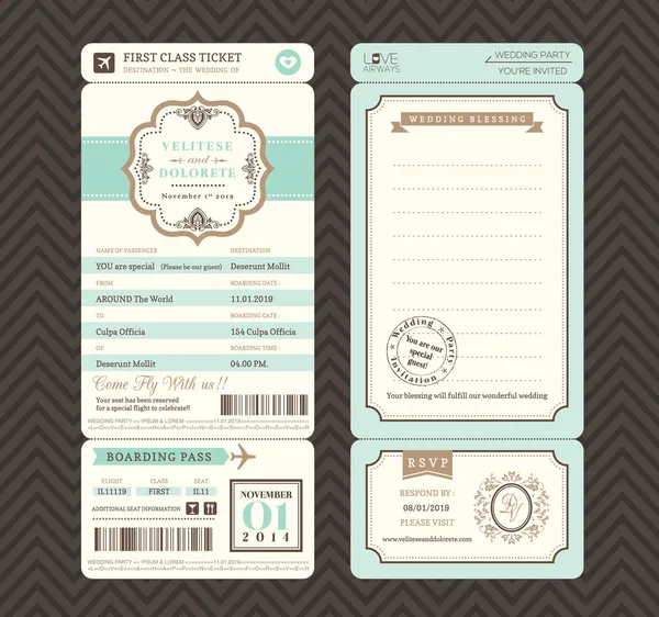 Plantilla de invitación de boda de entrada de tarjeta de embarque de estilo vintage V — Vector de stock