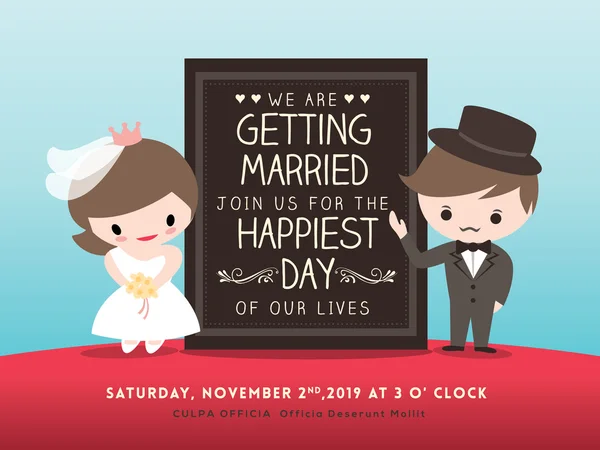Wedding invitation board with groom and bride cartoon — Stock Vector