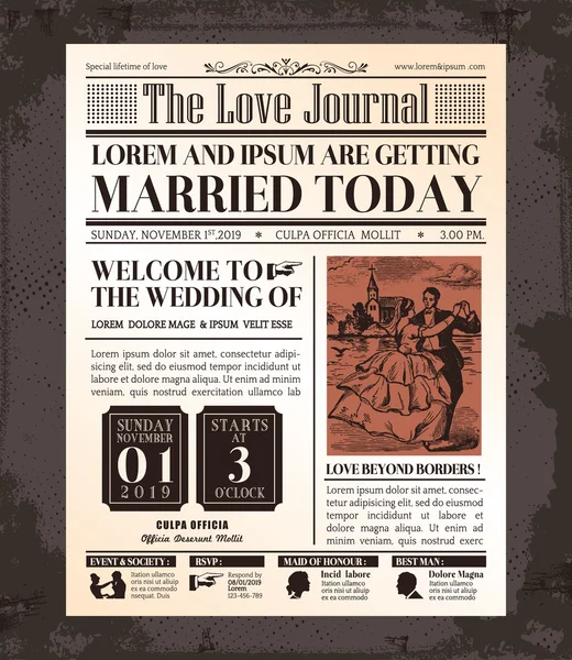 Vintage Newspaper Wedding Invitation Card Design Стоковый вектор