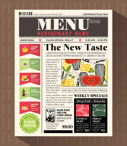 Restaurant menu ontwerpsjabloon in krant stijl — Stockvector