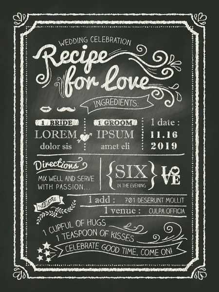 Receta para el amor pizarra boda tarjeta de invitación — Vector de stock