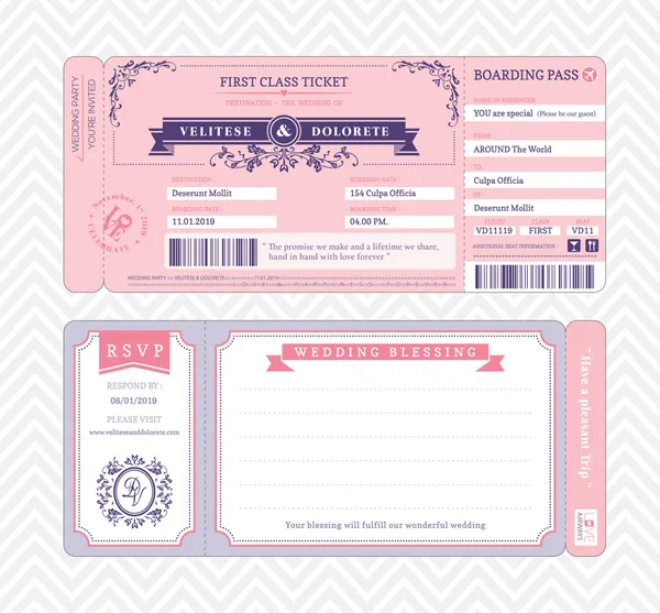 Tarjeta de embarque Plantilla de invitación de boda — Vector de stock