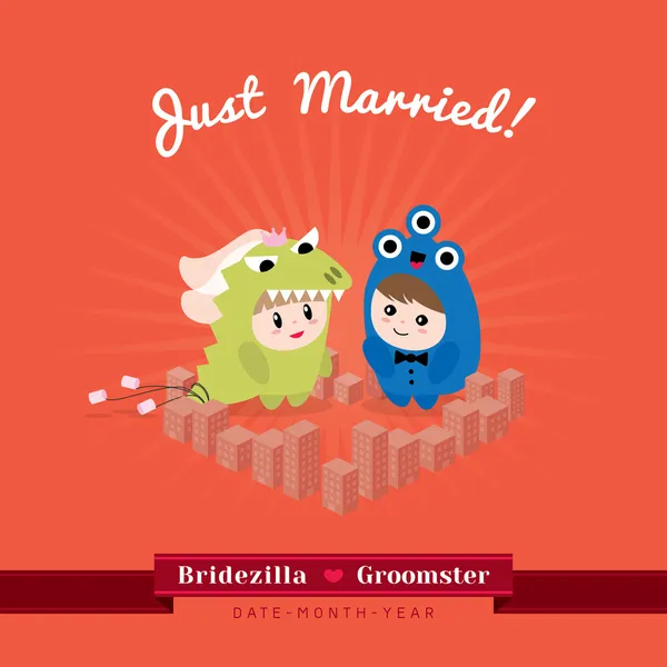 Cute kawaii groom monster and bridezilla character — Stock Vector