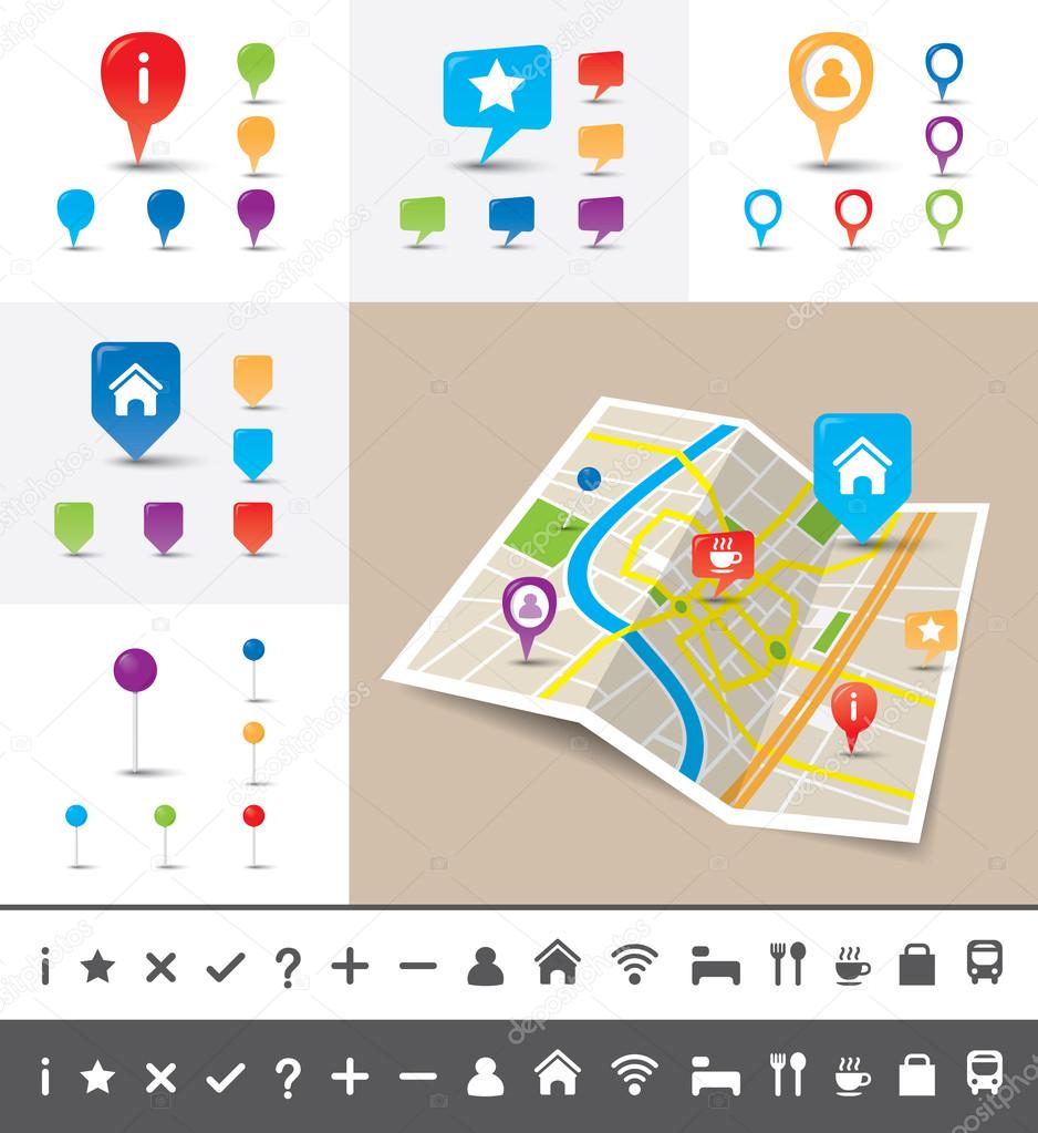 Folded City map with GPS Pin Icons and markers