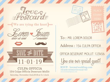 Vintage airmail postcard background vector template for wedding  clipart