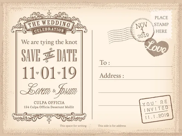 Vintage postcard save the date background for wedding invitation — Stock Vector