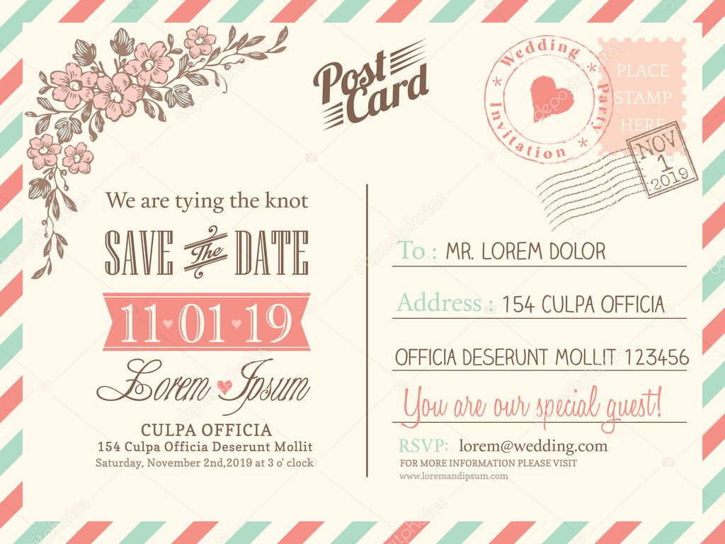 Vintage postcard background vector template for wedding invitati