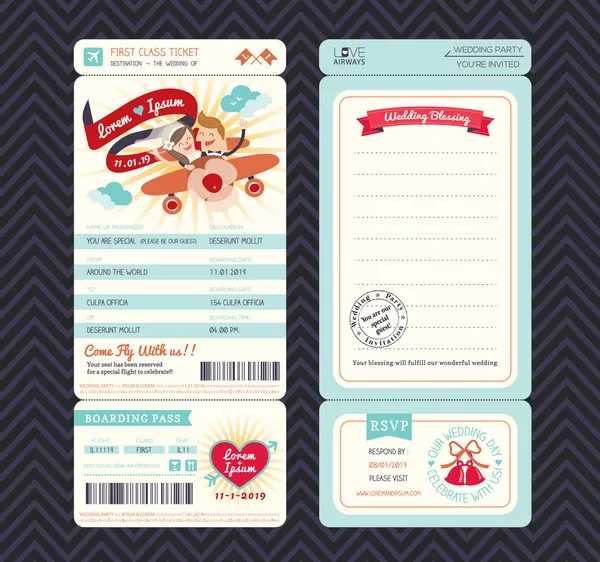 Passagem de embarque dos desenhos animados Ticket Wedding Convite Template Vector —  Vetores de Stock