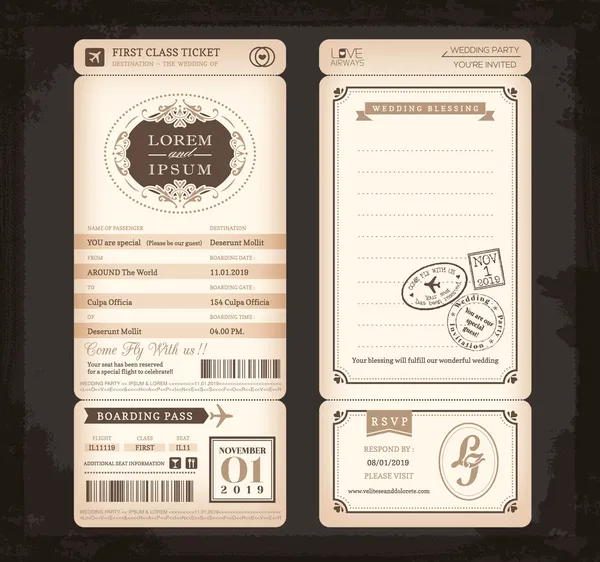 Old Vintage style Boarding Pass Ticket Wedding card — Stock Vector