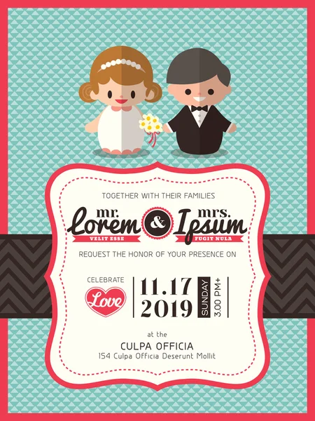 Plantilla de tarjeta de invitación de boda con el novio y la novia icono de dibujos animados — Vector de stock