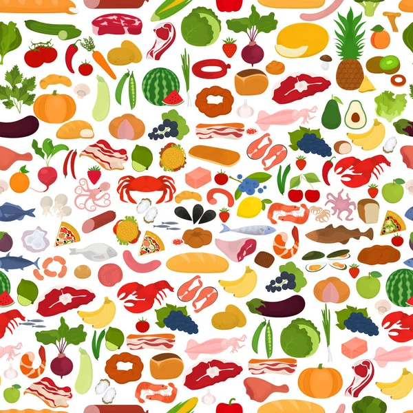 Nahtloses Vektormuster Mit Lebensmitteln Auf Weißem Hintergrund Obst Gemüse Und — Stockvektor