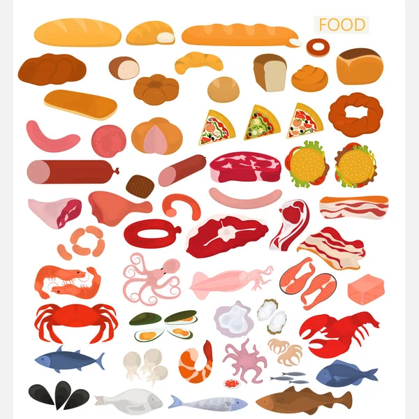 Essen Eingestellt Backwaren Fleisch Meeresfrüchte — Stockvektor