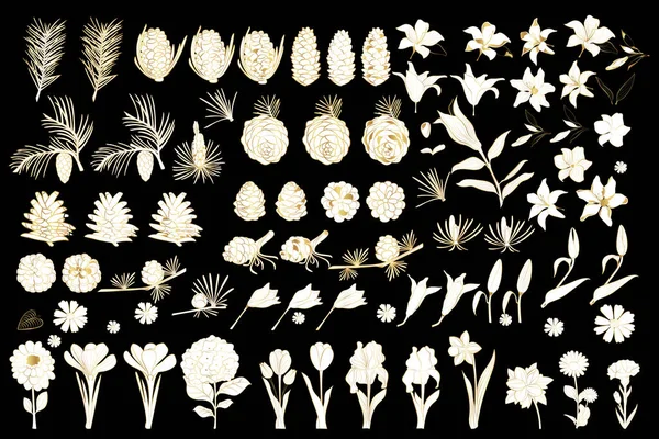 Set Von Pflanzen Zapfen Und Blumen Linie Kunststil Goldene Zapfen — Stockvektor