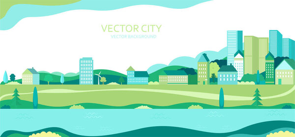   Vector poster with nature and city views.Suburban houses with skyscrapers and trees. Vector city.