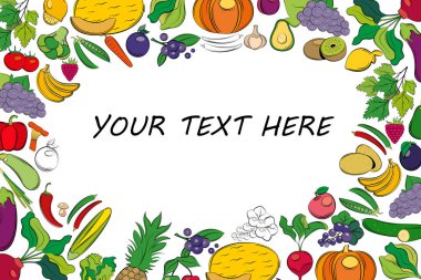  Beyaz arka planda sebze ve meyveli vektör posteri ve metin yeri. 