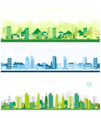   Yeşil ve mavi şehirli üç vektör posteri. Ağaçları, binaları ve köprüsü olan modern bir şehir. Şehir manzarası