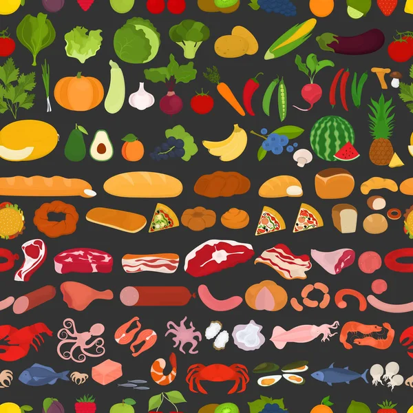 Nahtloses Vektormuster Mit Lebensmitteln Auf Schwarzem Hintergrund Gemüse Obst Brot — Stockvektor