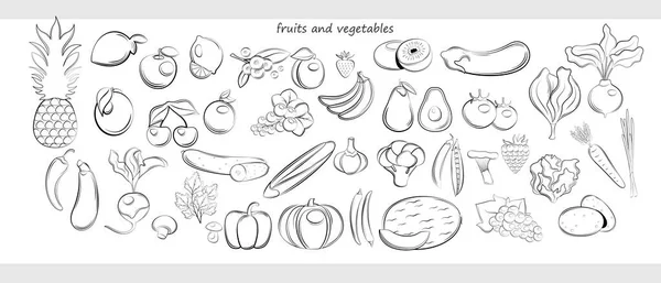 Set Frutta Verdura Sfondo Bianco Stile Line Art — Vettoriale Stock