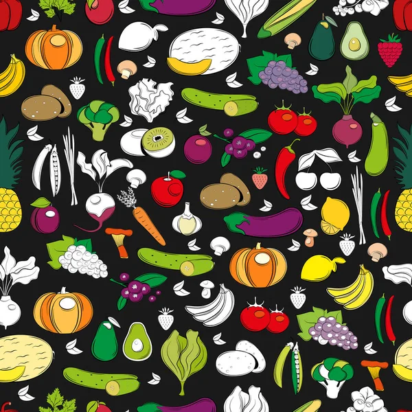Nahtloses Vektormuster Mit Obst Und Gemüse Auf Dunklem Hintergrund Linienkunst — Stockvektor
