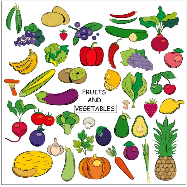 Obst Und Gemüse Auf Weißem Hintergrund Linienkunst — Stockvektor