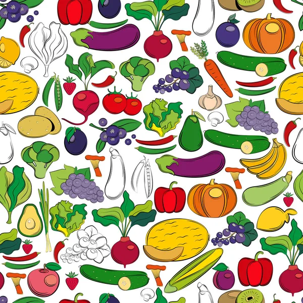 Nahtloses Vektormuster Mit Gemüse Und Obst Auf Weißem Hintergrund — Stockvektor