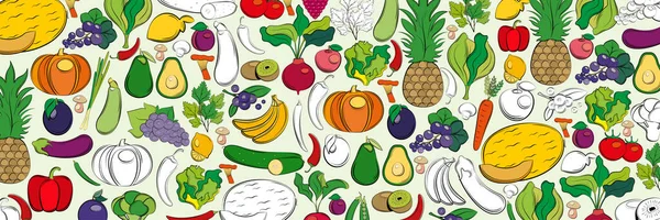 Vektorhintergrund Mit Gemüse Und Obst Auf Hellem Hintergrund Linienkunst — Stockvektor