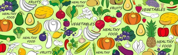 Vektorbanner Mit Gemüse Und Obst Auf Hellgrünem Hintergrund Linienkunst — Stockvektor