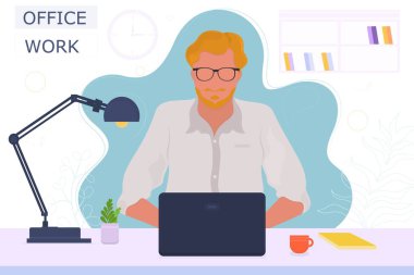  Bir adam ve dizüstü bilgisayarlı vektör posteri. Ofis çalışanı. Düz tasarım
