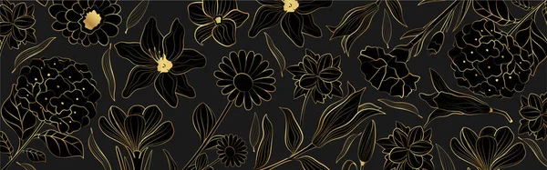 Banner Vetorial Com Flores Ouro Estilo Arte Linha Fundo Preto — Vetor de Stock