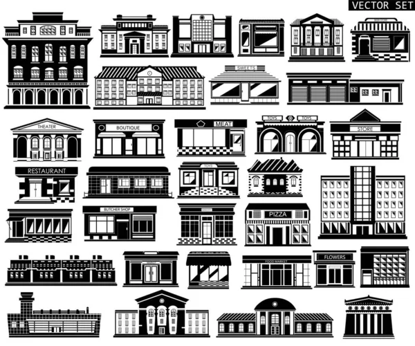 Set Black White City Buildings White Background Set Icons Markets — Stock Vector