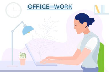  Bilgisayarda bir kızın olduğu vektör posteri. Ofis çalışanı. Düz tasarım.