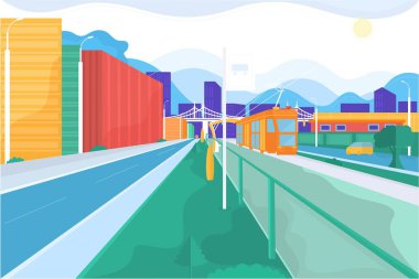  Yol ve şehir manzaralı vektör posteri. Gökdelenleri olan modern bir şehir. Şehir ulaşımı.
