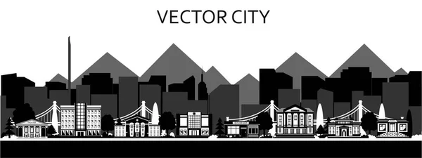 Векторный Плакат Черно Белым Городом Современный Город Деревьями Зданиями Мостом — стоковый вектор