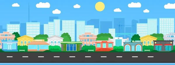 Cartaz Vetorial Com Vista Edifícios Cidade Com Estrada Cidade Vista — Vetor de Stock