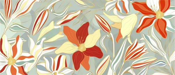 Vektorhintergrund Mit Goldpflanzen Stil Der Linienkunst Goldlilie Blüht — Stockvektor