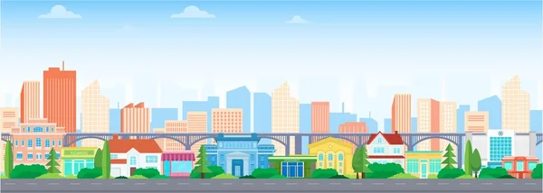 Cartel Vectorial Con Vista Paisaje Ciudad Con Carretera Puente Casas — Vector de stock