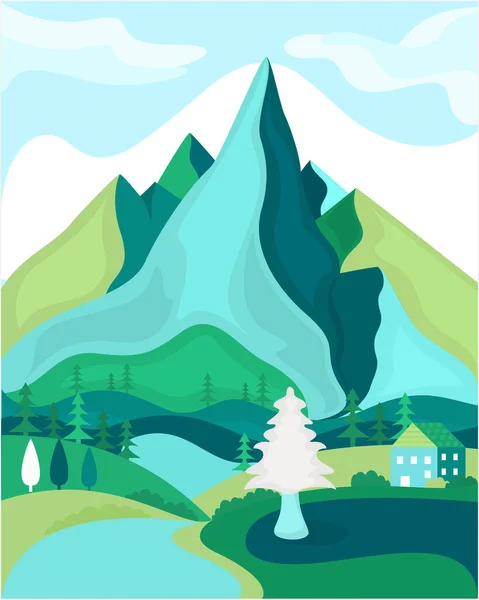 Landscape View Mountain House Flat Design Vector Illustration — Stock Vector