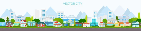 Cartaz Vetorial Com Vista Edifícios Cidade Com Estrada Vista Para — Vetor de Stock