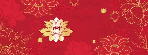 Flaga Wektorowa Złotymi Kwiatami Lotosu Piwoniami Czerwonym Tle Chińskie Pochodzenie — Wektor stockowy