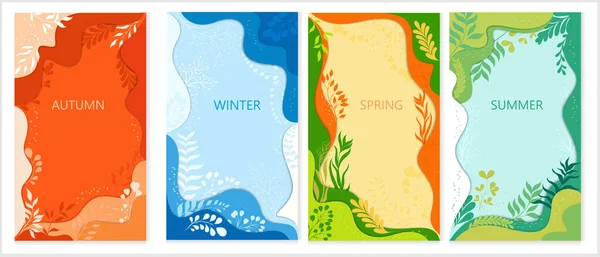 Vier Vektorhintergründe Mit Pflanzen Und Zweigen Jahreszeiten Hintergrund Mit Papierschnitt — Stockvektor