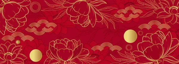 Flaga Wektorowa Złotymi Kwiatami Lotosu Piwoniami Czerwonym Tle Chińskie Pochodzenie — Wektor stockowy