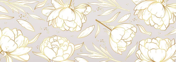 Vektor Banner Mit Goldenen Blumen Linie Art Style Golden Pfingstrosen — Stockvektor