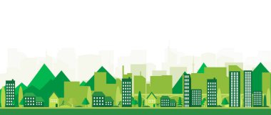   Panoramik şehir manzaralı vektör posteri. Gökdelenleri olan yeşil şehir