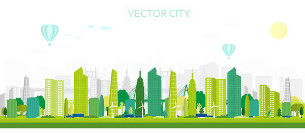   Modern city with solar panels. Vector poster with panoramic city views. Greenery city with skyscrapers.