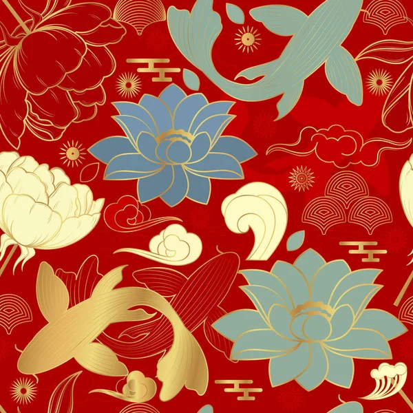 Modèle Vectoriel Sans Couture Avec Pivoines Carpes Sur Fond Rouge — Image vectorielle