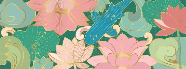 Vektorbanner Mit Koi Karpfen Und Goldenen Lotusblumen Linienkunst Asiatischer Hintergrund — Stockvektor