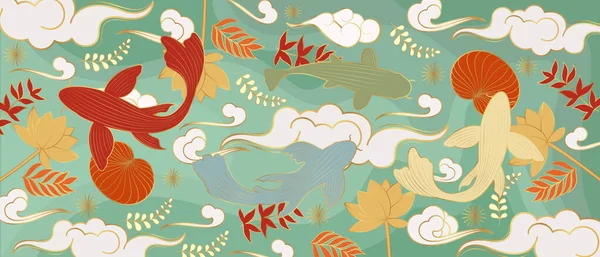 Vector Poster Japanese Theme Carp Waves Asian Background Ilustração De Stock