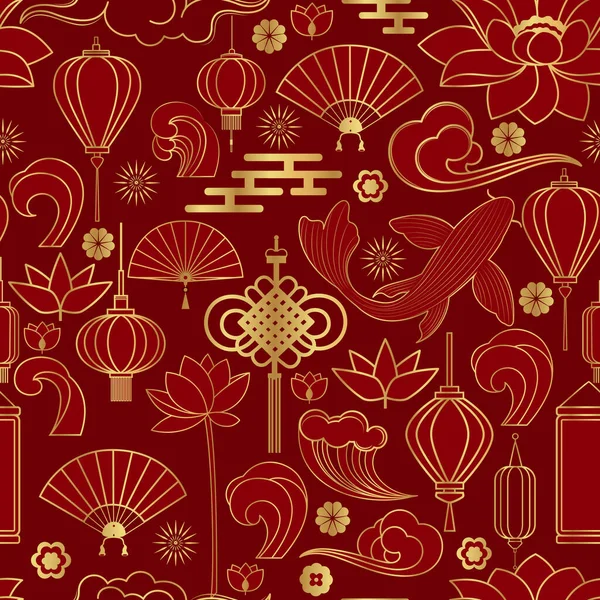 Seamless Vector Pattern Traditional Chinese Elements Gold Color Line Art — Vector de stock