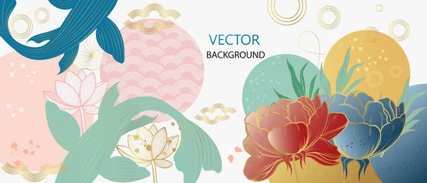 Vector Poster Peony Flowers Carp Japanese Poster Line Art Style — Vector de stock